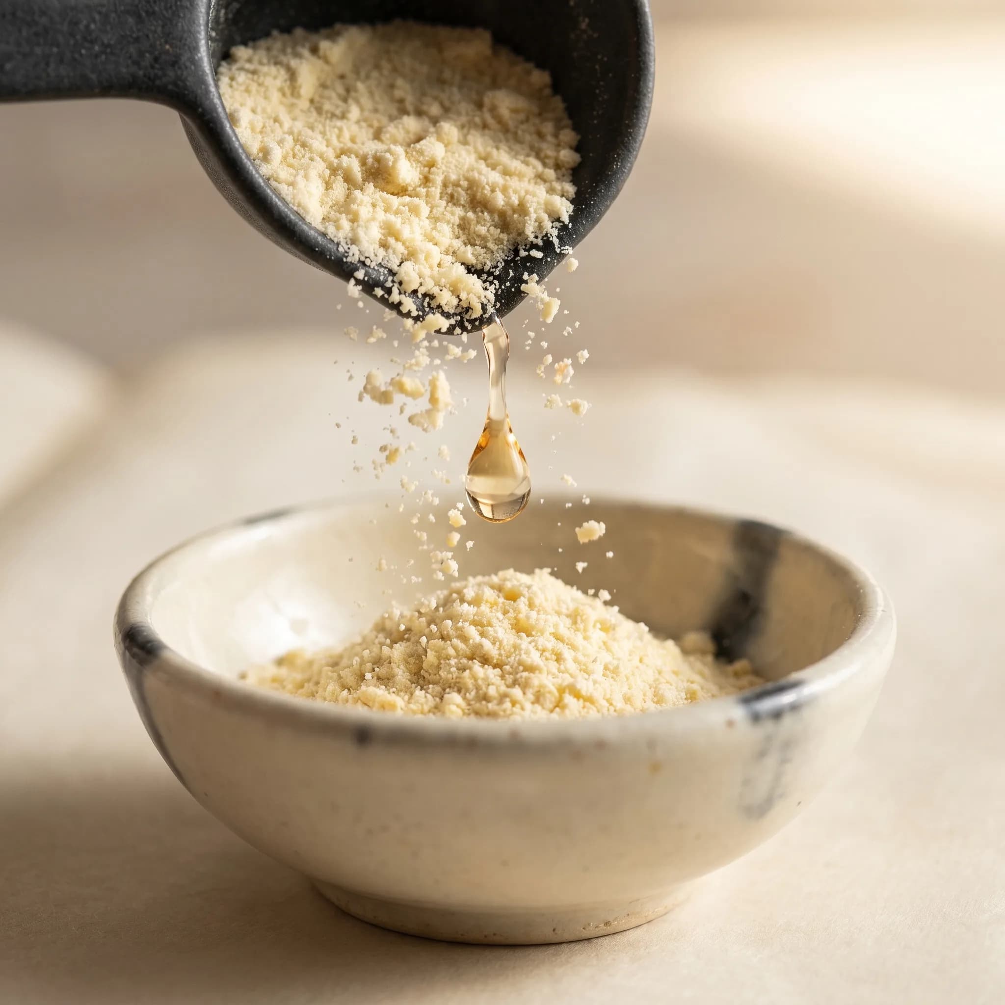 Bovine colostrum — granular powder pouring into a cream ceramic bowl with a mid-air droplet