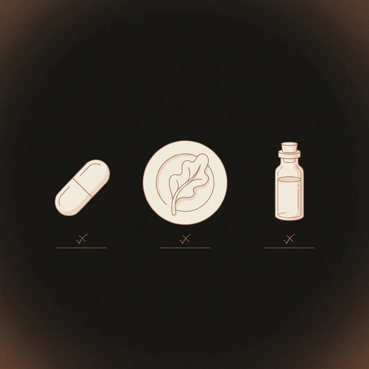 Three iconic objects in a clean horizontal row — a probiotic capsule, a leafy salad plate, and an apothecary tincture bottle — each marked below with a small clay X.
