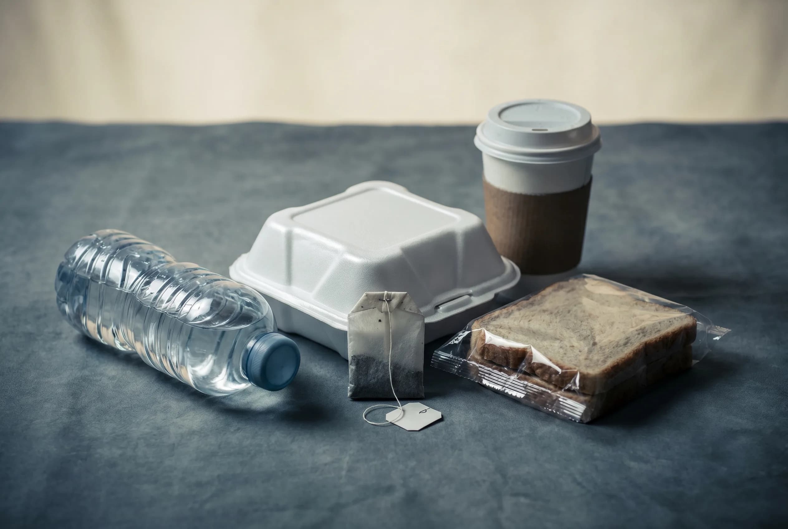 Everyday plastic exposure — water bottles, takeout, tea bags, coffee cups