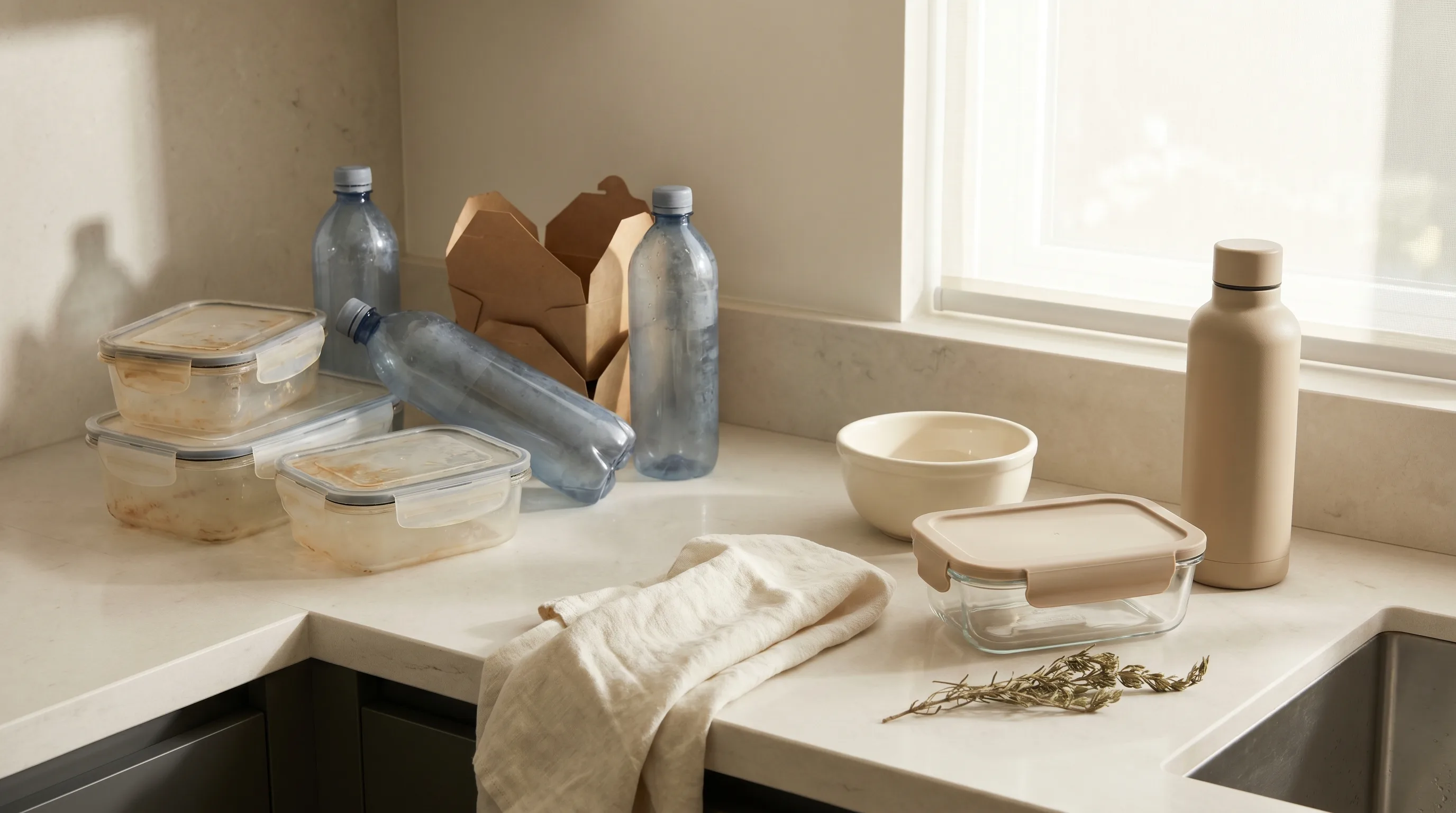 A kitchen counter mid-audit — old plastic containers giving way to glass and ceramic